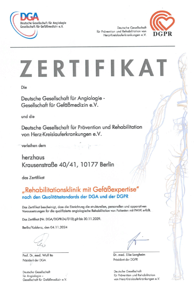 herzhaus Zertifikat Rehabilitationsklinik mit Gefäßexpertise